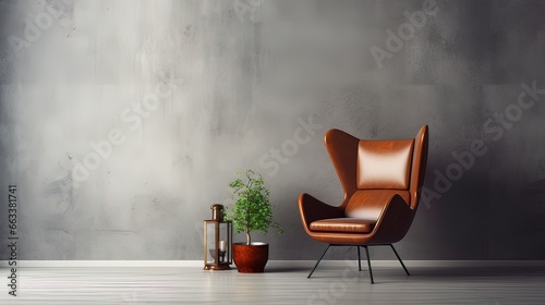 Minimalist interior design with empty concrete gray wall, modern armchair. Generation AI © MiaStendal