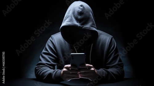 Fraudster in a hood and black mask on a black background.