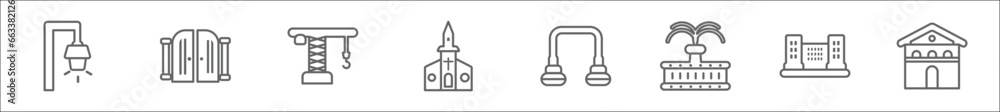 outline set of city elements line icons. linear vector icons such as street light, gate, tower crane, church, arch, fountain, government buildings, city hall