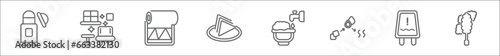 outline set of cleaning line icons. linear vector icons such as deodorizer, clean room, paper roll, serviette, water soak, states of matter, wet floor, feather duster