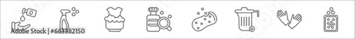 outline set of cleaning line icons. linear vector icons such as sterilization, liquid, washing clothes, hygroscopic, sponges, dumpster, sanitize, hard water