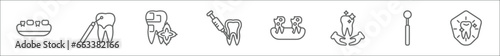 outline set of dentist line icons. linear vector icons such as partial denture, scraping, breath, dental needle, decay, dental care, dentist mirror, dental protection