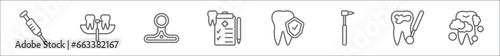 outline set of dentist line icons. linear vector icons such as empty syringe, interproximal, headlamp, medical list, prophylaxis, dentists drill tool, cavities, tooth cleaning