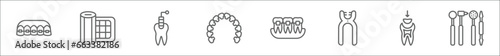 outline set of dentist line icons. linear vector icons such as brackets, gauze, tampon, lingual braces, dental brackets, forceps of dentist tools, dental filling, dentist tools