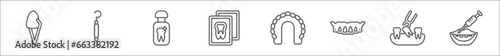 outline set of dentist line icons. linear vector icons such as dental veneer, periodontal scaler, mouth wash, dental x ray, maxilla, denture, tooth extraction, filler