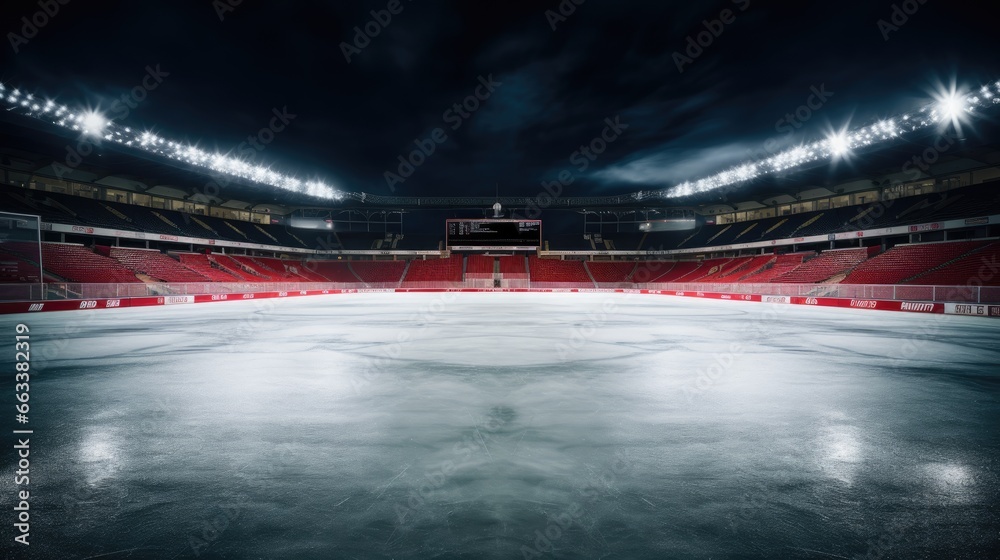 Hockey ice rink sport arena empty field. Empty hockey stadium in the spotlight Hockey ice rink sport arena empty field. Empty hockey stadium in the spotlight