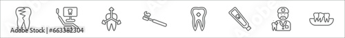 outline set of dentist line icons. linear vector icons such as broken tooth, dental monitor, intraoral, toothbrushes, dental, toothpaste tube, dentist, malocclusion