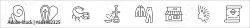 outline set of wild west line icons. linear vector icons such as cowboy whip, wooden coffin, scorpion, hookah, fatigue, jail, native american, wanted