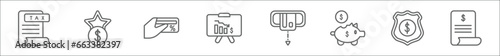 outline set of e commerce and payment line icons. linear vector icons such as tax, new, card payment, financial presentation, withdrawal, moneybox, guaranty shield, bills