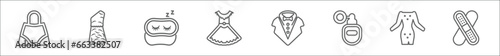 outline set of fashion line icons. linear vector icons such as handbag elegant de, caveman, sleeping mask, lace dress with belt, suit with bow tie, smeel, long sleeve flowy dress, bandages