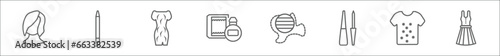 outline set of fashion line icons. linear vector icons such as hair wig with side, eyeliner pencils, tinge, parfume, fashion bag, liquid eyeliner, t shirt with flowers, female dress