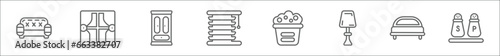 outline set of furniture and household line icons. linear vector icons such as couch, curtain, armoire, window coverings, laundry hamper, bedroom lamp, headboard, salt and pepper shakers