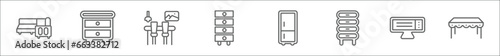 outline set of furniture and household line icons. linear vector icons such as corner sofa, nightstand, dining room, drawers, refrigerator, cabinet, heating, table linens