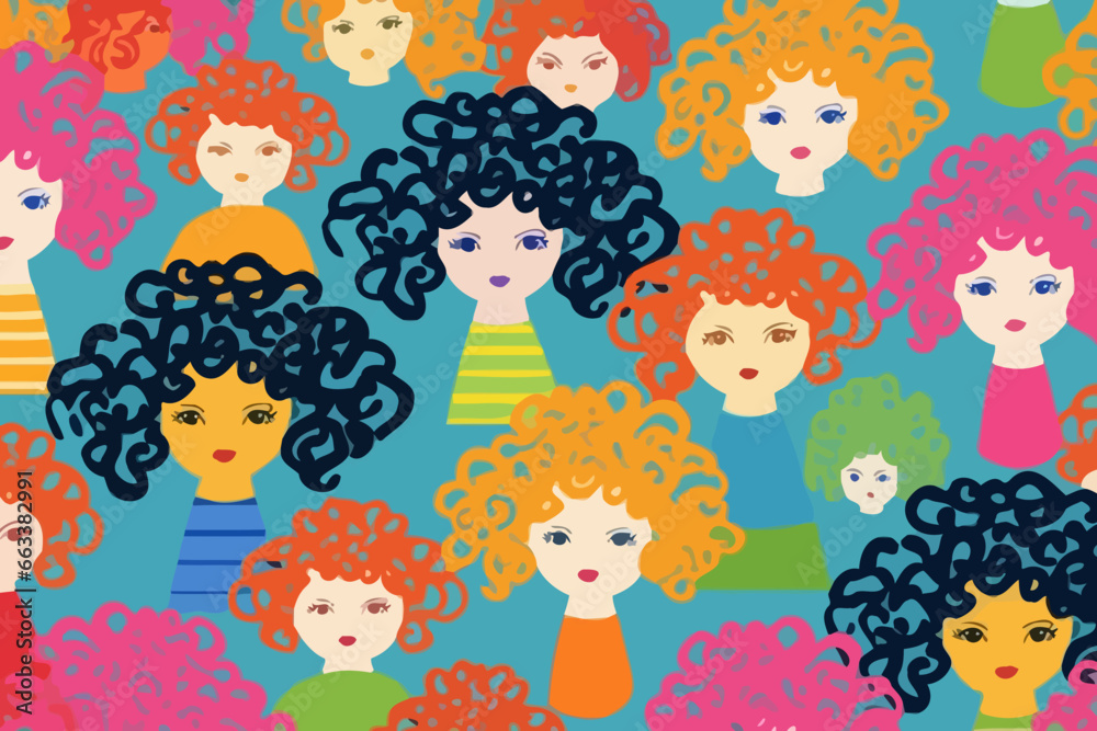 Curly hair quirky doodle pattern, wallpaper, background, cartoon, vector, whimsical Illustration Curly hair quirky doodle pattern, wallpaper, background, cartoon, vector, whimsical Illustration