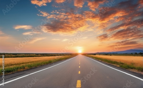the road going into the distance against the background of the sunset sky