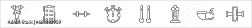 outline set of gym and fitness line icons. linear vector icons such as dumbbells exercise, to do list, lifting barbell, big stopwatch, abdominal exercises, boxing mannequin, fitness food, gymnastic