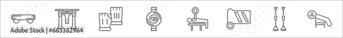 outline set of gym and fitness line icons. linear vector icons such as fitness step, horizontal bar, fitness gloves, watch, bench press weightlifting, mat for resistance, simulator for press