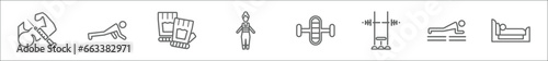 outline set of gym and fitness line icons. linear vector icons such as steroids, push up, sport gloves, female sportwear, fitness wheel, barbell bench press, pushups exercises, sleep