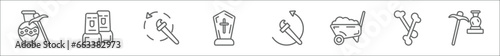 outline set of history line icons. linear vector icons such as archeologist, staff, tool, tomb, brushes, wheelbarrow, bones, guide