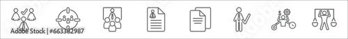 outline set of human resources line icons. linear vector icons such as selection process, target audience, video conference, curriculum vitae, files, candidate, multitask, balance in human resources