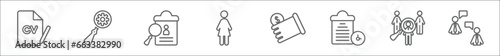 outline set of human resources line icons. linear vector icons such as cv, searching, hiring, women, earnings, onboarding, selection, dialogue