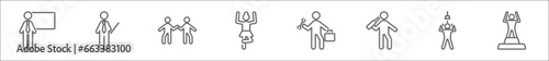 outline set of humans line icons. linear vector icons such as classroom, teachers, high five, gymnastics, hine repair, out, showering, showin