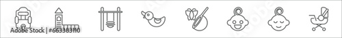 outline set of kid and baby line icons. linear vector icons such as seat, playhouse, swings, rubber duck, butterfly net, baby boy, happy children, baby carriage