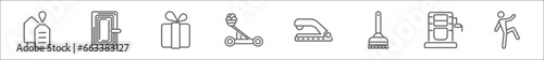 outline set of miscellaneous line icons. linear vector icons such as army dog tag, room door, wrapped gift, catapult, stapler remover, cleaning brush, wringer, muay thai
