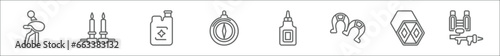 outline set of miscellaneous line icons. linear vector icons such as refugee, candlesticks, detergen, compass pointing north, glue bottle, horseshoes, abstract, flame thrower