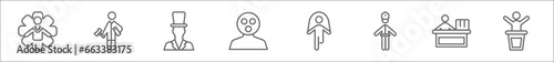 outline set of people line icons. linear vector icons such as perfect worker, judge with hammer, sir, surprised smile, playing with a rope, policeman working, book keeper, leader speech