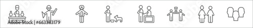 outline set of people line icons. linear vector icons such as chemist working, architech working, protective suit, feeding a dog, sculptor working, succes team, woman and man partners, heads photo