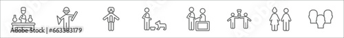 outline set of people line icons. linear vector icons such as chemist working, architech working, protective suit, feeding a dog, sculptor working, succes team, woman and man partners, heads