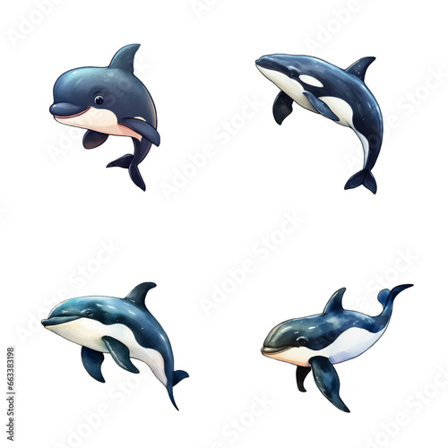 set of happy cute orca watercolor illustrations for printing on baby clothes, pattern, sticker, postcards, print, fabric, and books