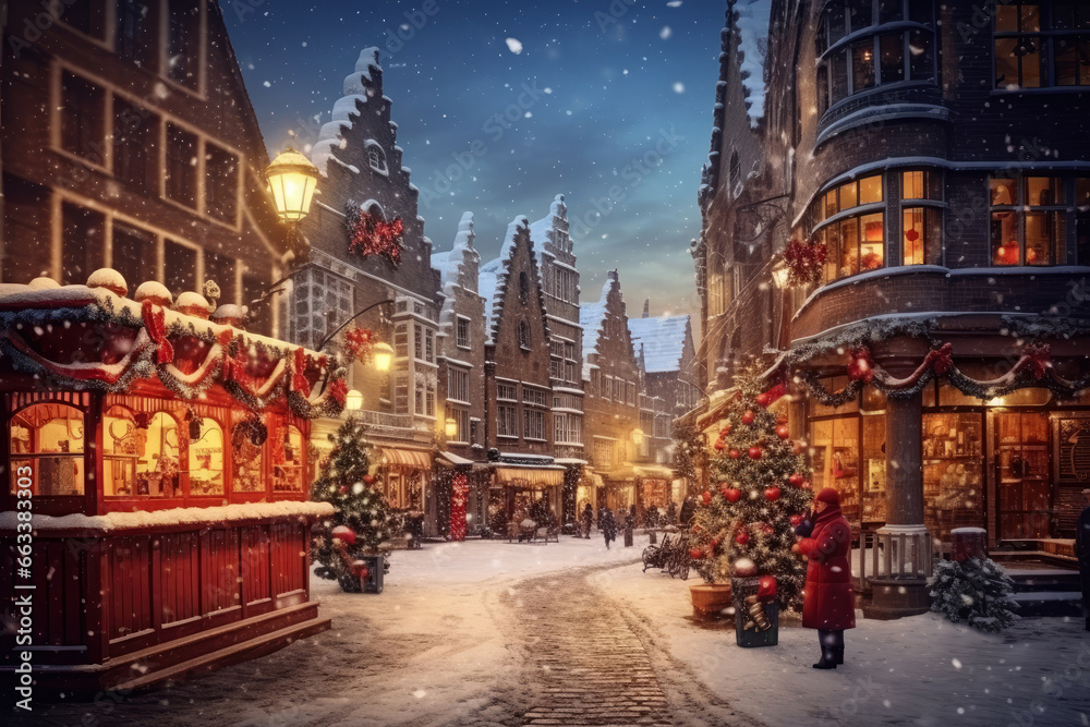 Christmas market in old town square at snowy evening. Fairy tale winter scene. - obrazy, fototapety, plakaty 