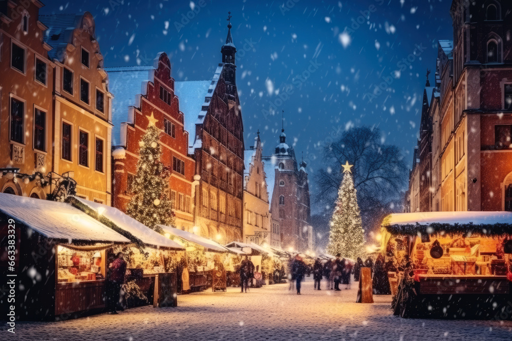 Christmas market in old town square at snowy evening. People next to Christmas tree. - obrazy, fototapety, plakaty 