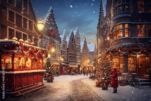 Christmas market in old town square at snowy evening. Fairy tale winter scene. photo