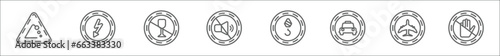 outline set of signs line icons. linear vector icons such as landslide, high voltage, no drinks, mute, hoist, taxi, airport, no touch