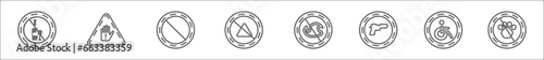 outline set of signs line icons. linear vector icons such as no alcohol, do not touch, forbidden, no bleaching, no fire, weapons, disability, animals