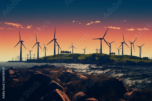 Offshore wind farms under construction turbines cast striking silhouettes at sea photo
