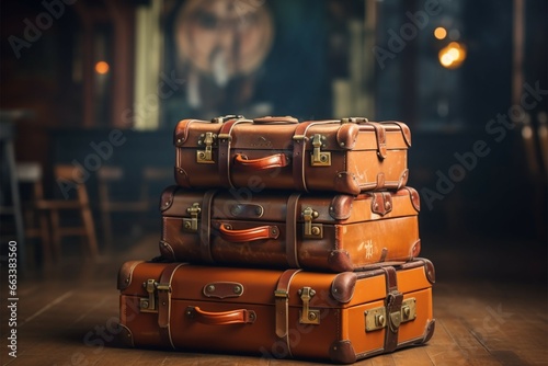 Old fashioned travel nostalgia 90s concept with vintage style leather suitcases