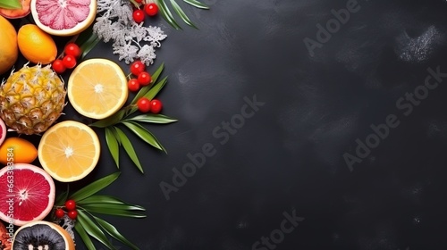  various fruits arranged on a black background with leaves and berries.  generative ai