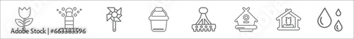 outline set of farming line icons. linear vector icons such as tulip, sprinkle, pinwheel, pail, rak, bird house, garden, water drops