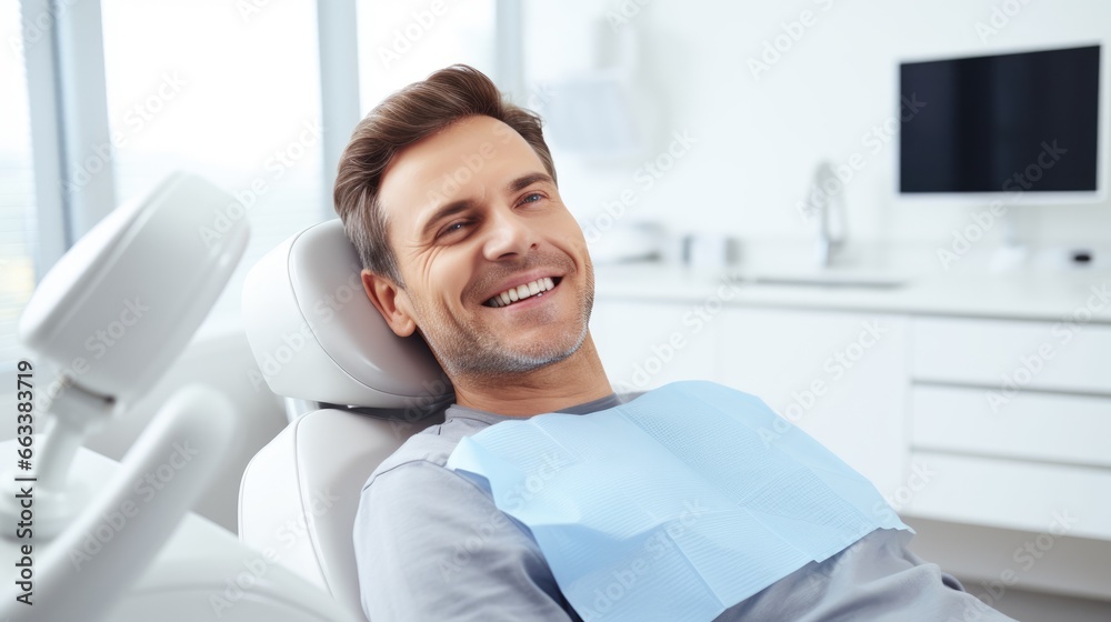 Perfect smile. Portrait of happy patient in dental chair. Man with a white smile