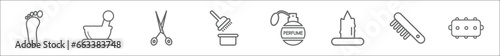outline set of beauty line icons. linear vector icons such as one foot, mortar bowl, open hair scissors, tint bowl, round perfume bottle, candle light, women comb, foam curler