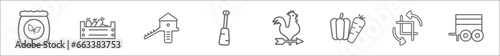 outline set of farming and gardening line icons. linear vector icons such as seed bag, farm products, chicken coop, digging bar, weather vane, vegetables, crop rotation, trailer