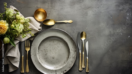 plate and serving of cutlery on a gray background grunge style. photo