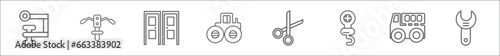 outline set of construction line icons. linear vector icons such as vise, inclined picker, big door, steamroller, clippers, pulley hook, tipper, round wrench