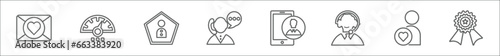 outline set of customer service line icons. linear vector icons such as love letter, speedometer, user, phone call, mobile phone, support, favorite, quality