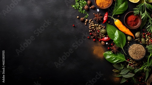 Spices and herbs on a black tabletop, top view. Generation AI