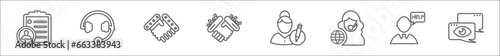 outline set of customer service line icons. linear vector icons such as list, head, hand shake, handshake, edit, translator, help, eye